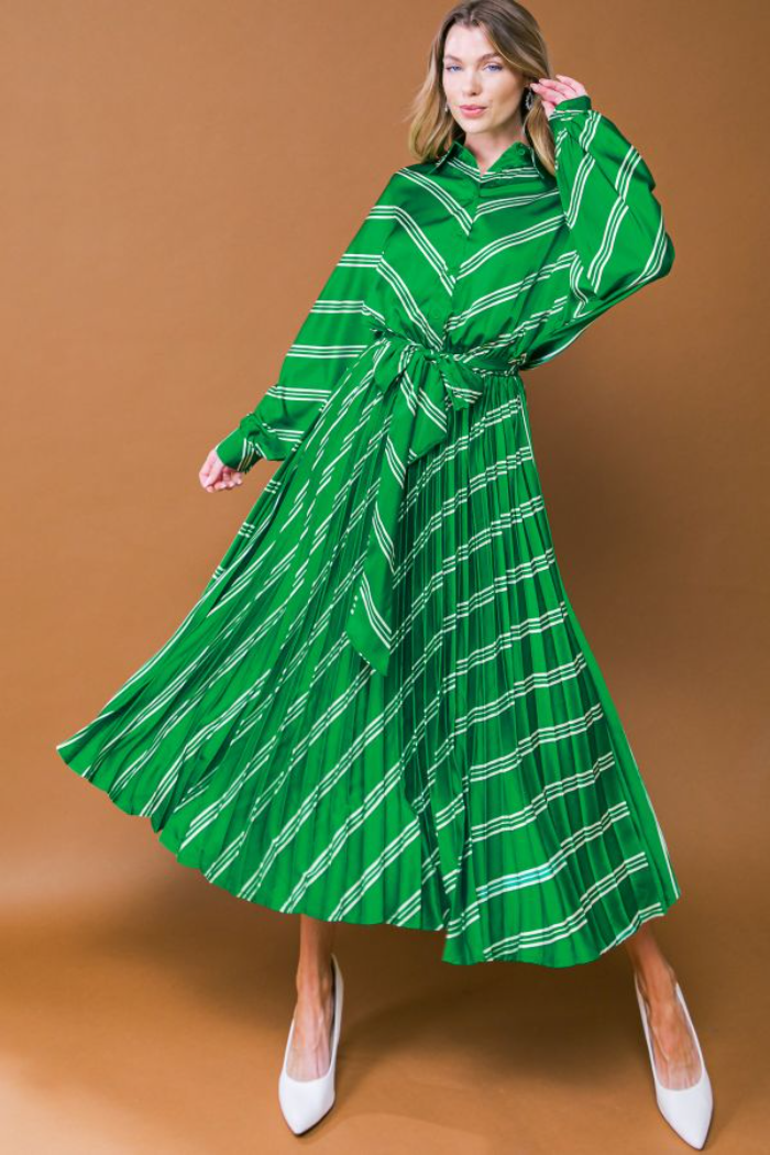 Kelly Green Striped Pleated Dress