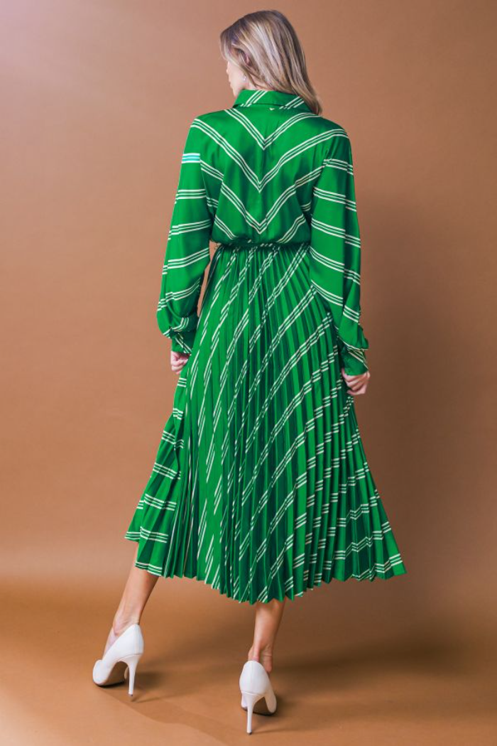 Kelly Green Striped Pleated Dress