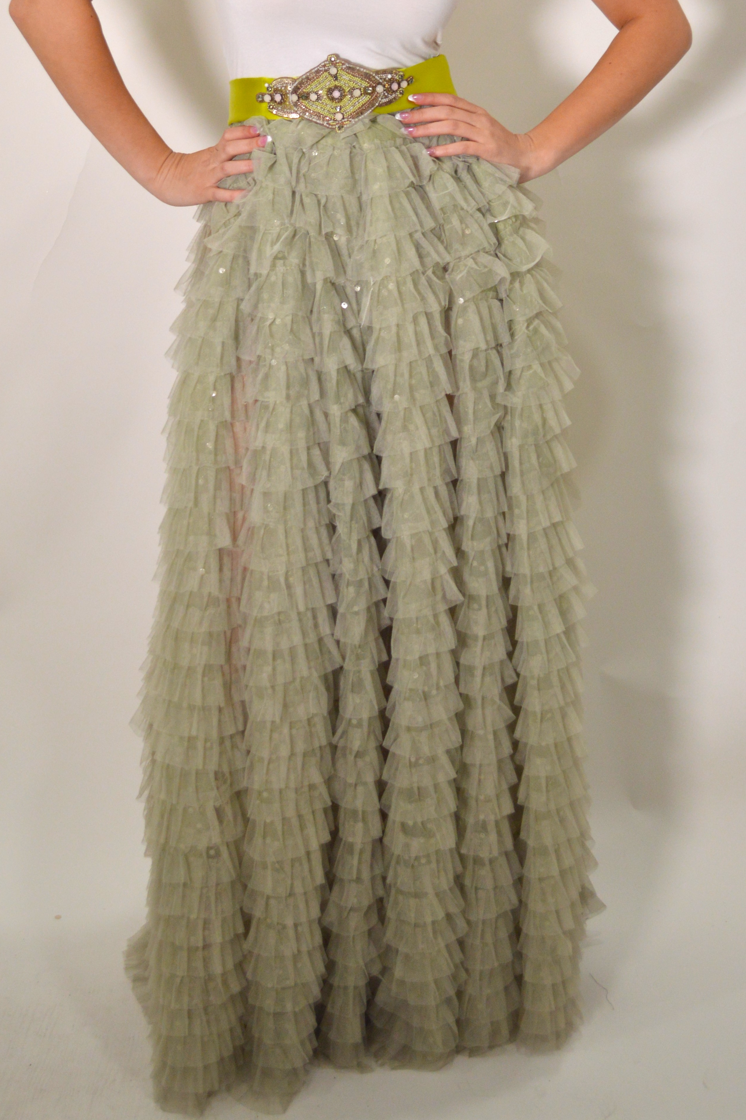 Sage Sequin Ruffel Maxi Skirt