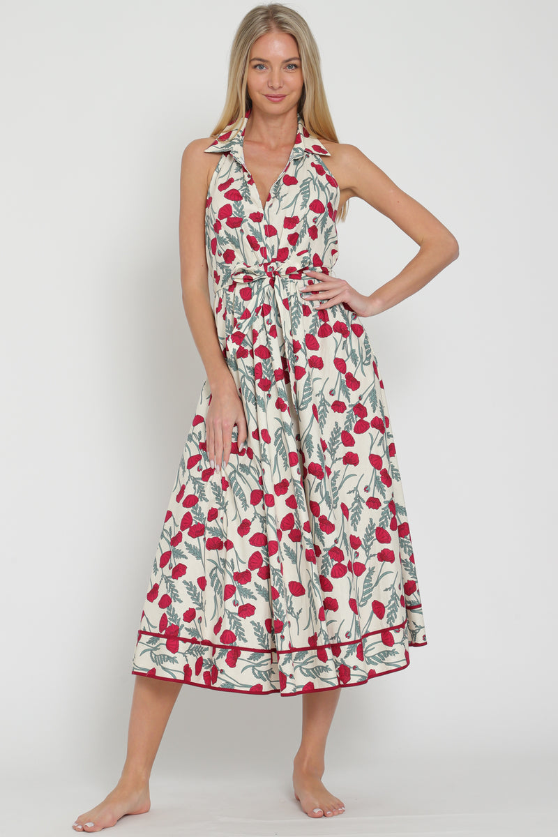 Red Poppy Halter Backless Belted Maxi Dress