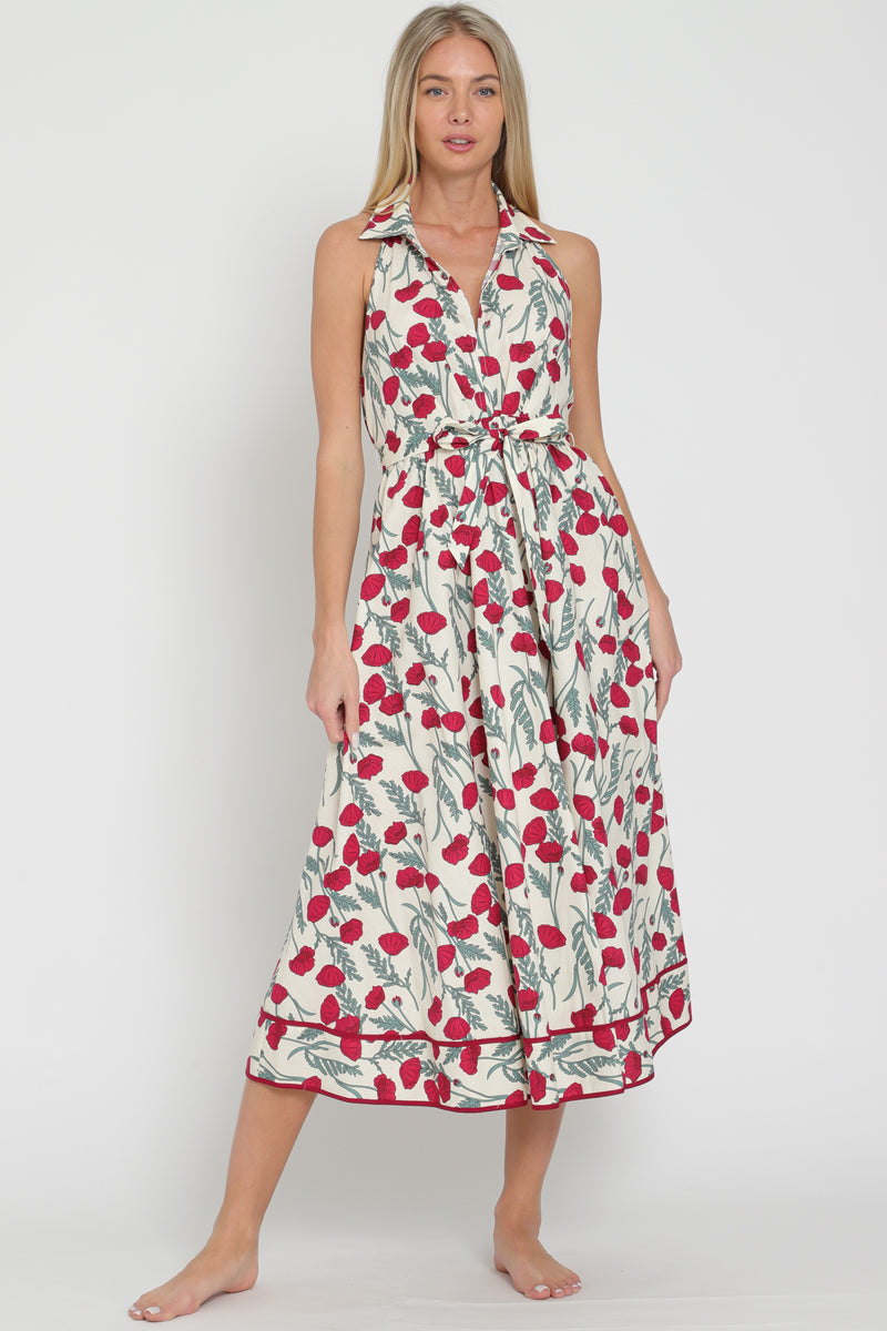 Red Poppy Halter Backless Belted Maxi Dress