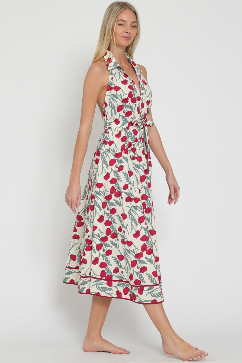Red Poppy Halter Backless Belted Maxi Dress