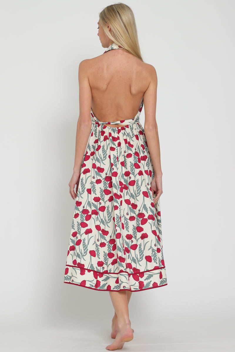 Red Poppy Halter Backless Belted Maxi Dress