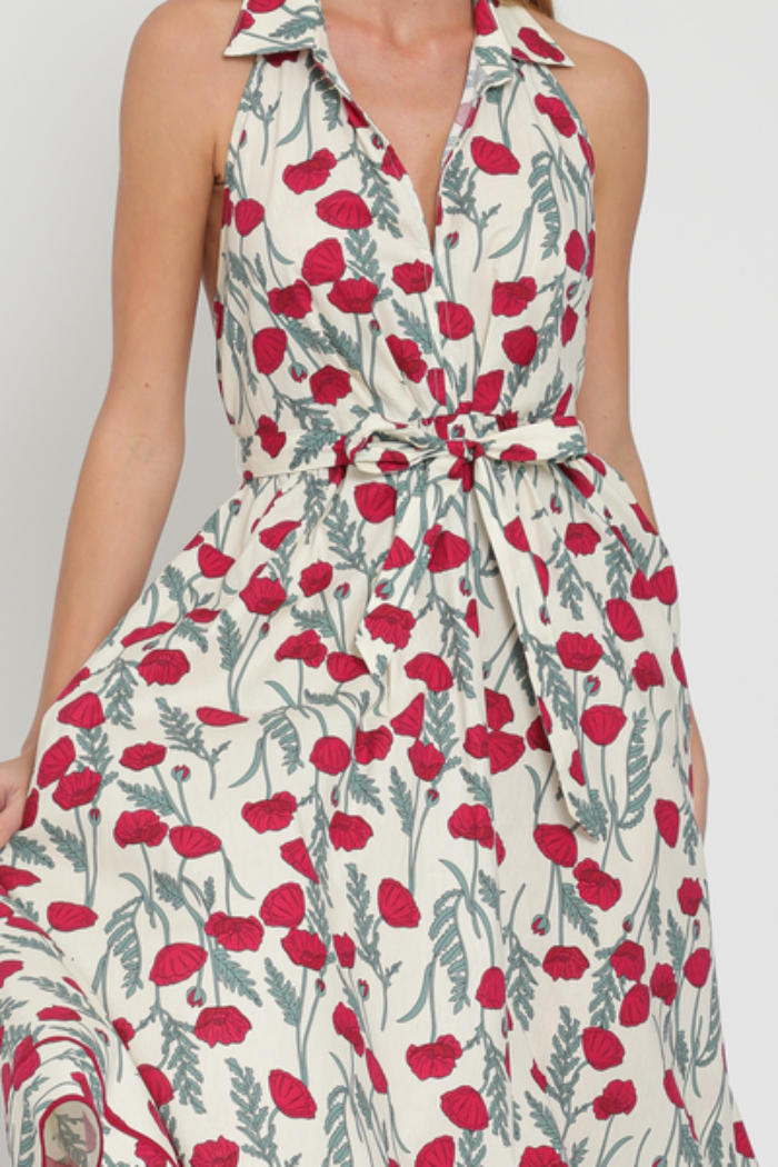Red Poppy Halter Backless Belted Maxi Dress