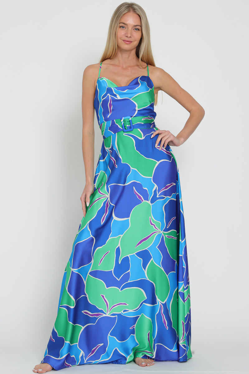 Thin Adjustable Strap Elastic Back Belted Maxi Dress