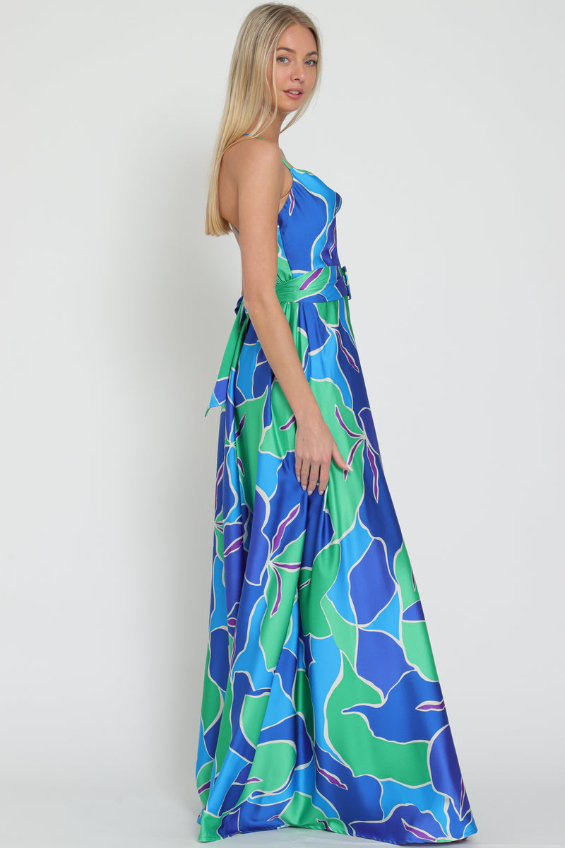 Thin Adjustable Strap Elastic Back Belted Maxi Dress