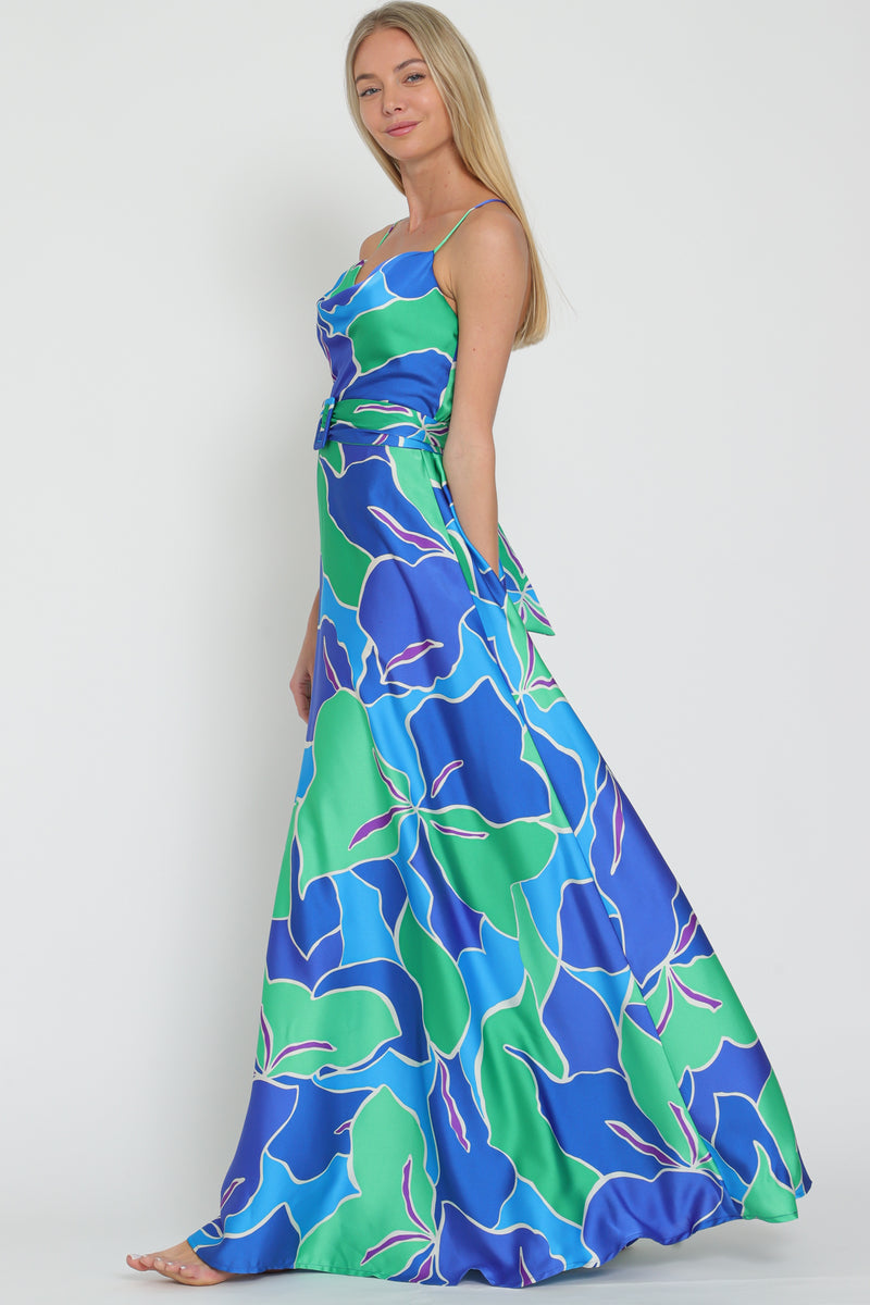 Thin Adjustable Strap Elastic Back Belted Maxi Dress