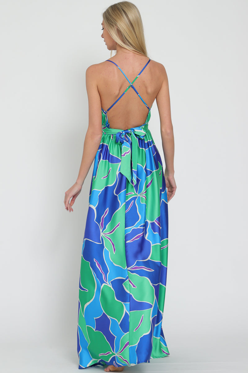 Thin Adjustable Strap Elastic Back Belted Maxi Dress