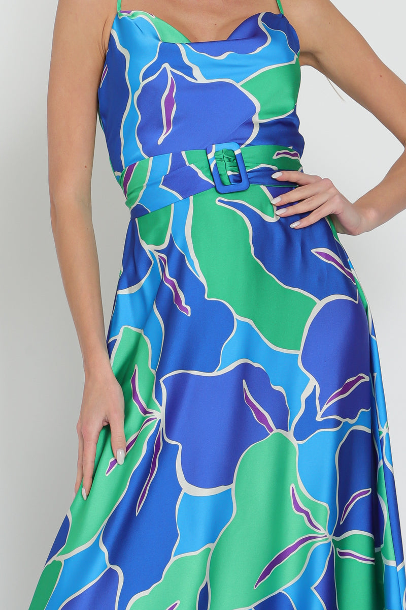 Thin Adjustable Strap Elastic Back Belted Maxi Dress