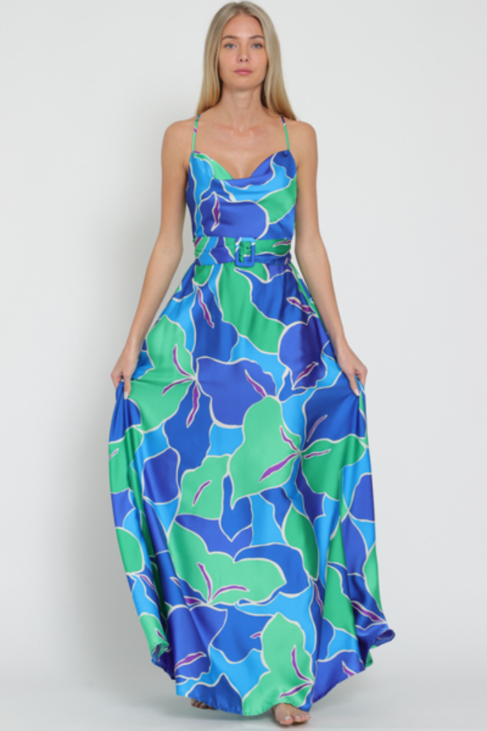 Thin Adjustable Strap Elastic Back Belted Maxi Dress