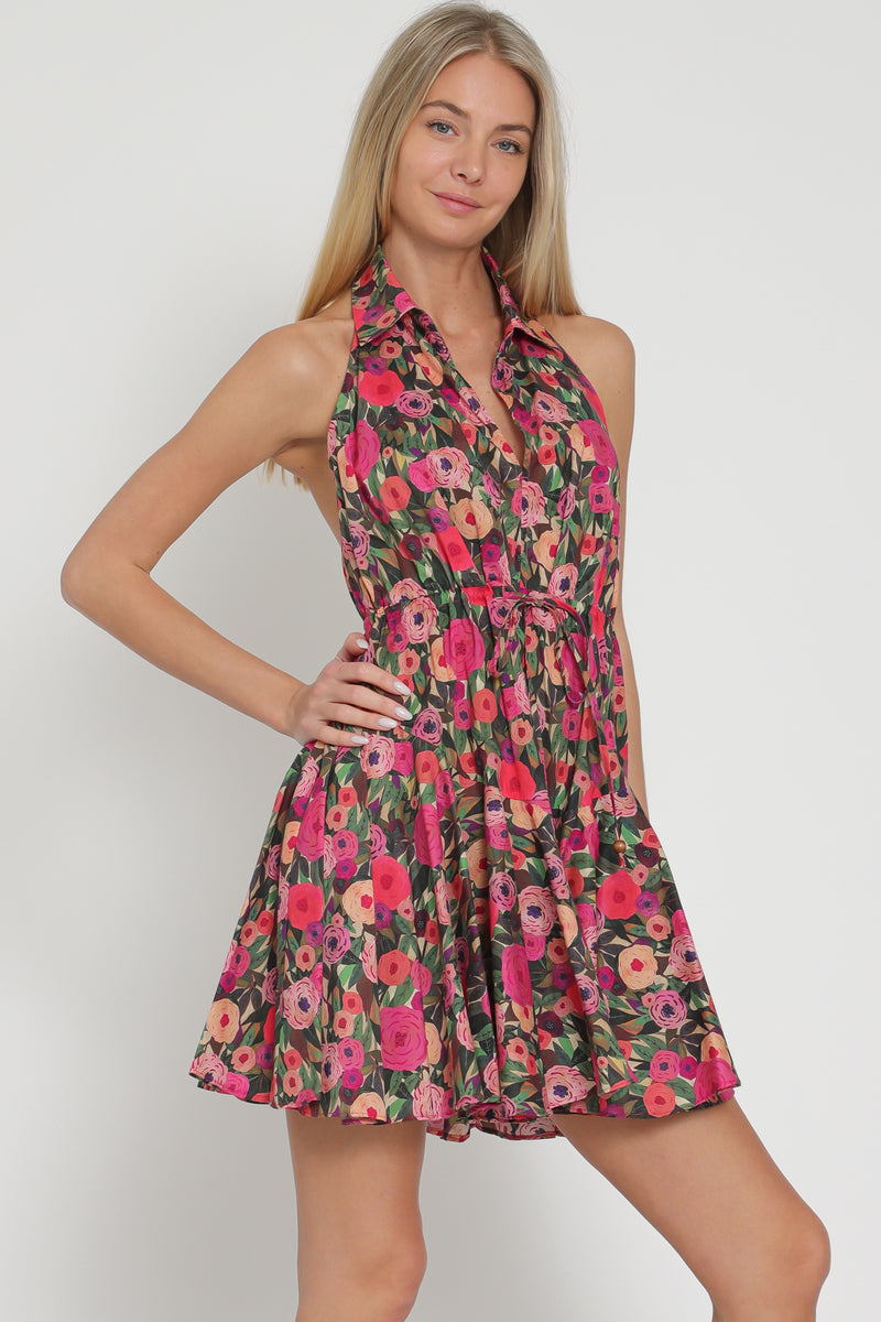 Halter Backless Tie Front Waisted Mini Dress