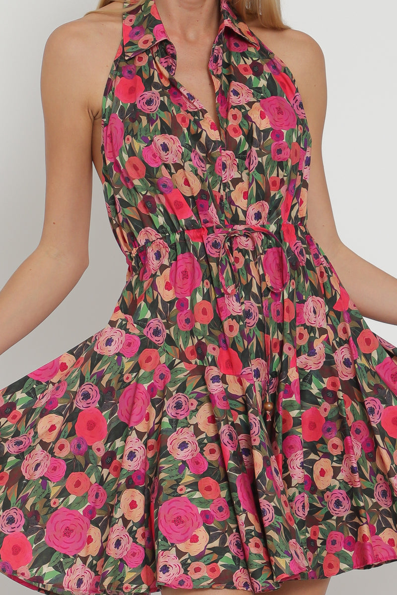 Halter Backless Tie Front Waisted Mini Dress