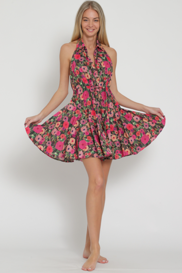 Halter Backless Tie Front Waisted Mini Dress