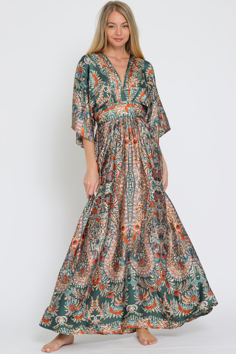 Kimono Sleeve Elastic Waist Waisted Maxi Dress