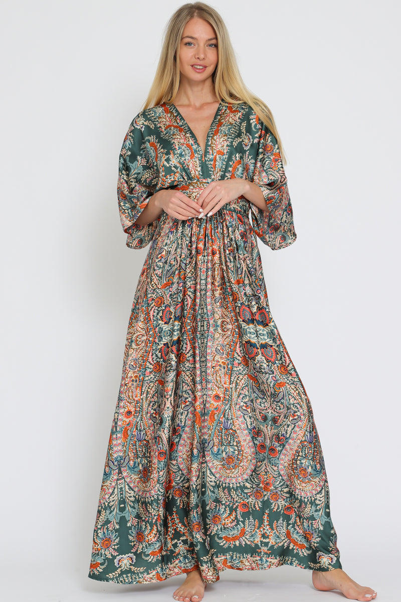 Kimono Sleeve Elastic Waist Waisted Maxi Dress