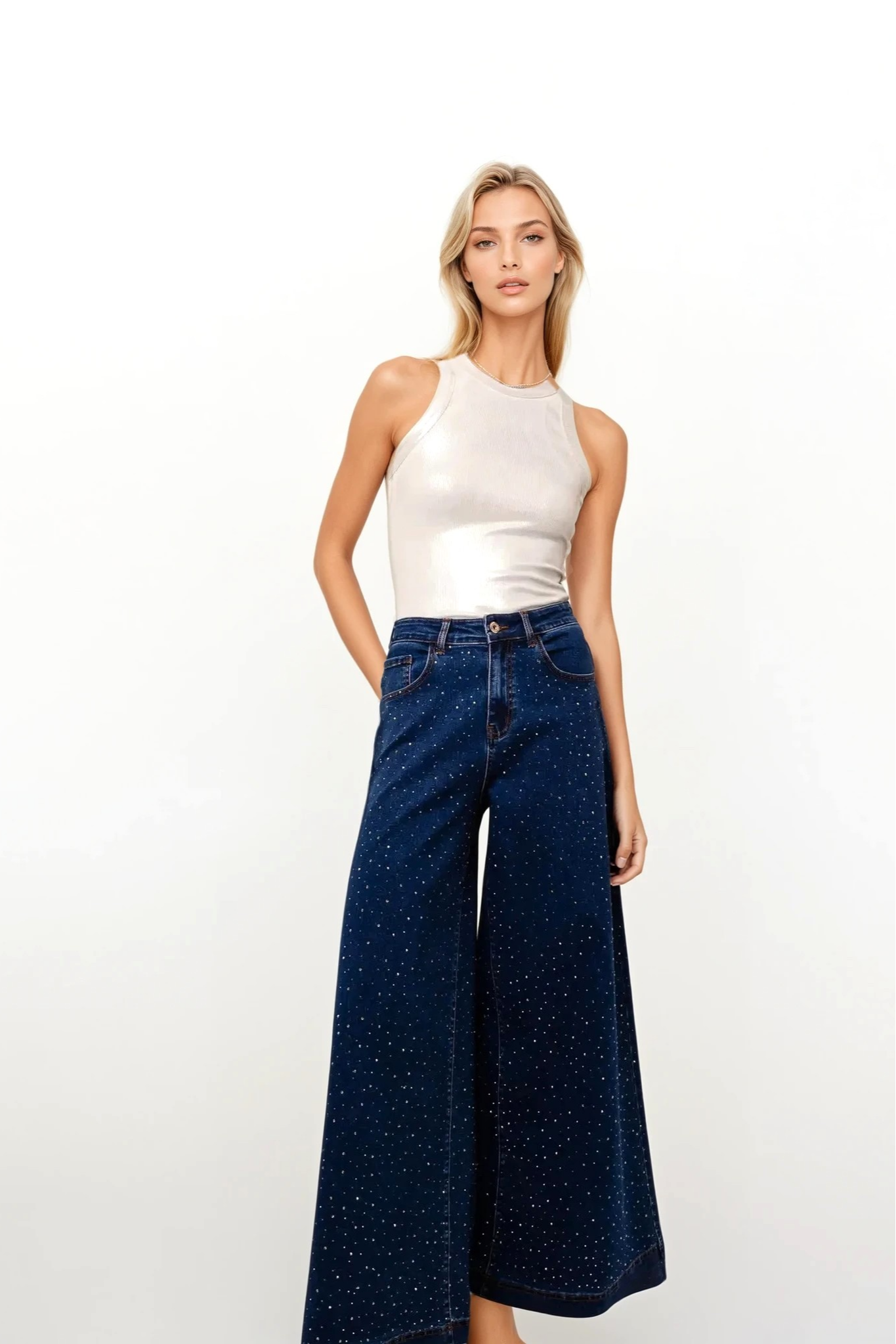 Wide Leg Diamonte Dark Wash Jean