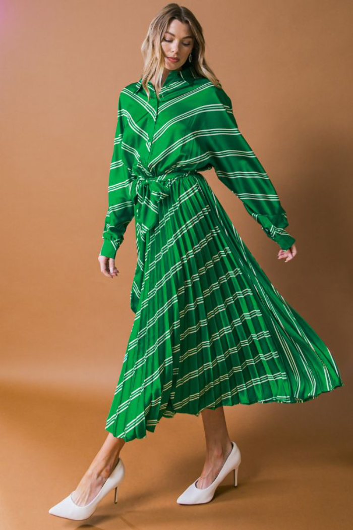 Kelly Green Striped Pleated Dress