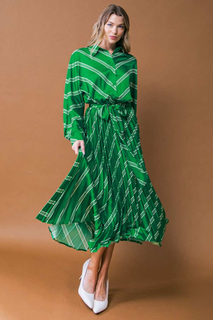 Kelly Green Striped Pleated Dress