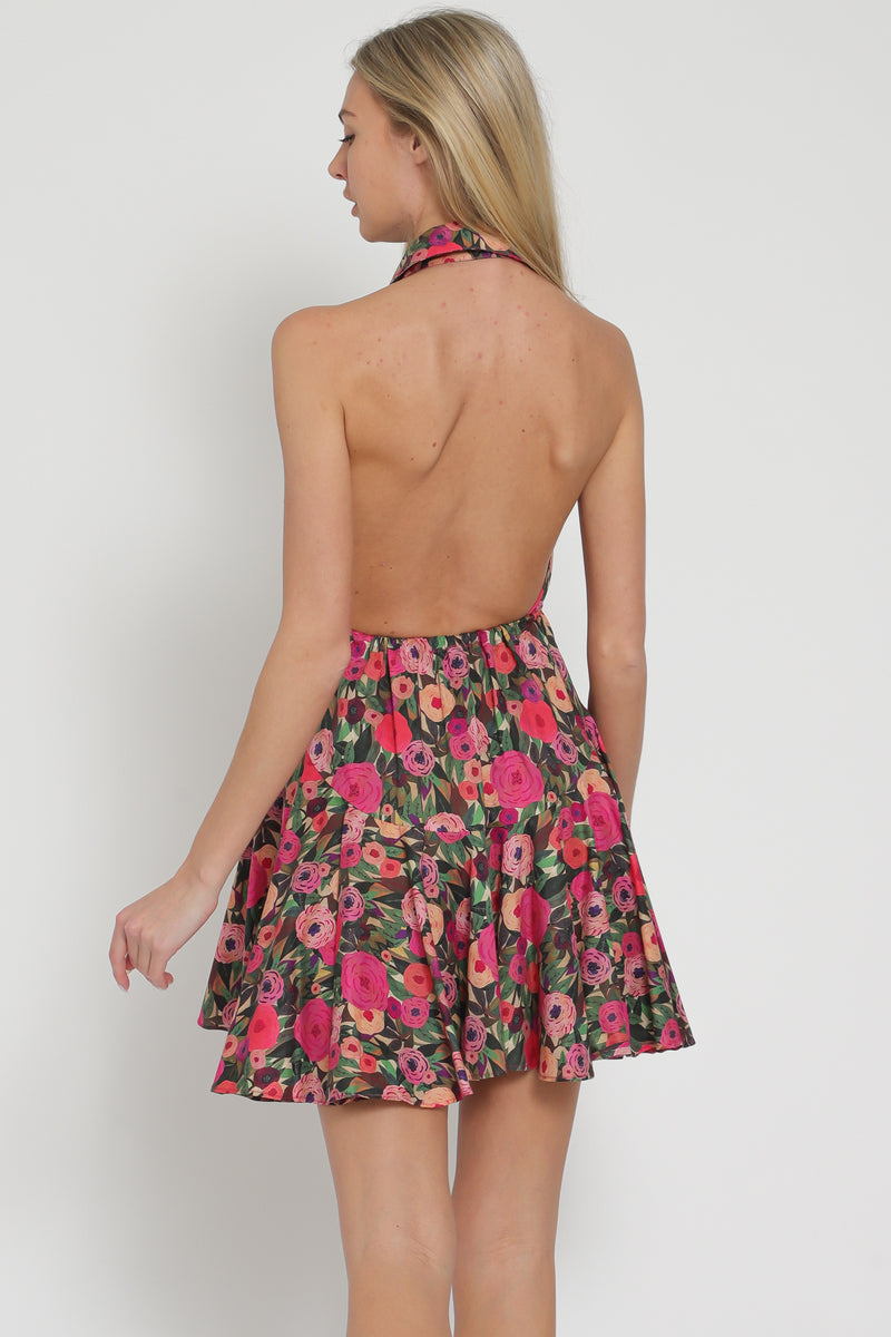 Halter Backless Tie Front Waisted Mini Dress
