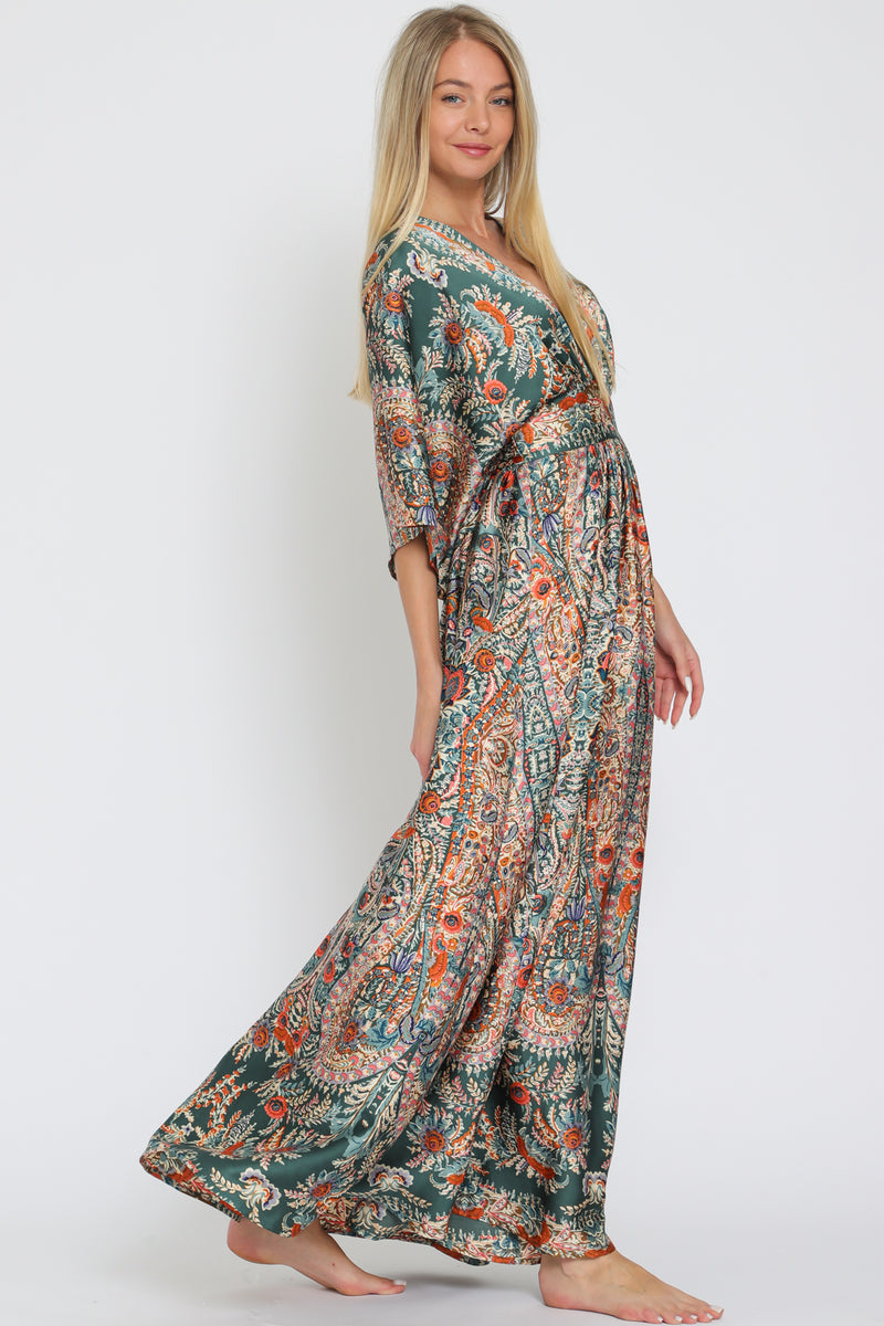 Kimono Sleeve Elastic Waist Waisted Maxi Dress