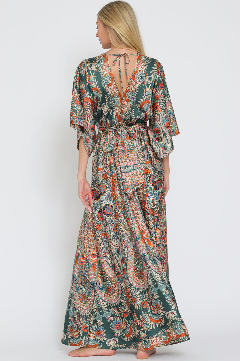 Kimono Sleeve Elastic Waist Waisted Maxi Dress