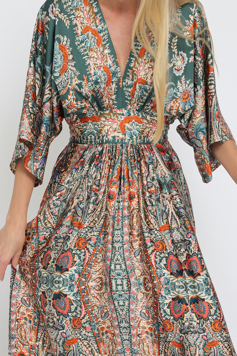 Kimono Sleeve Elastic Waist Waisted Maxi Dress