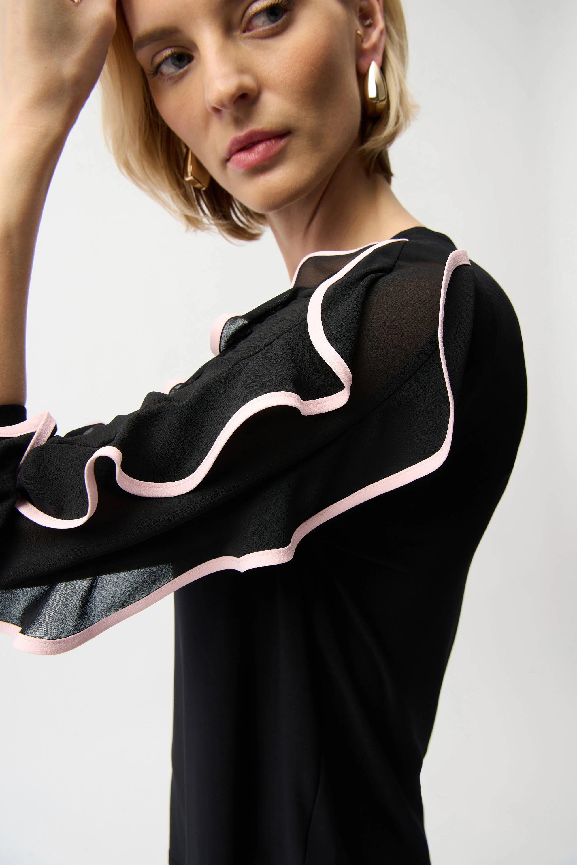 Silky Knit Top with Chiffon Ruffled Sleeves